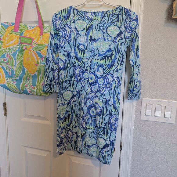 Lilly Pulitzer | Marlowe 3/4 Sleeve Dress | Girls L | Indigo Sunset Swim Print - Picture 2 of 8